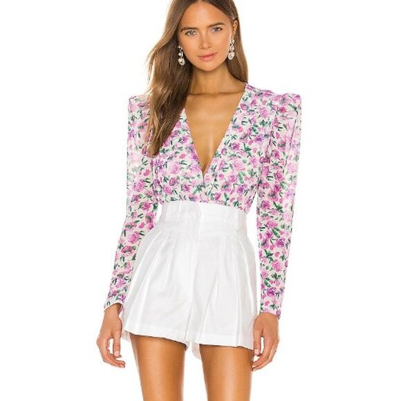 IORANE NWOT Revolve Mini Pink Floral Tulle Puff Shoulder Sheer Mesh Bodysuit XS - Picture 9 of 10